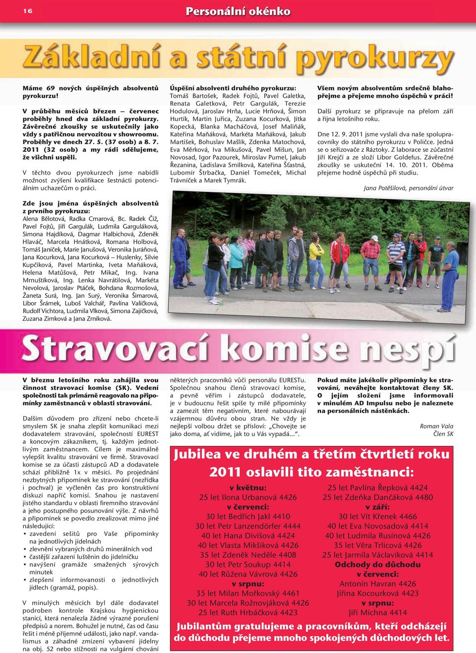 V těchto dvou pyrokurzech jsme nabídli možnost zvýšení kvalifikace šestnácti potenciálním uchazečům o práci. Zde jsou jména úspěšných absolventů z prvního pyrokruzu: Alena Bělotová, Radka Cmarová, Bc.