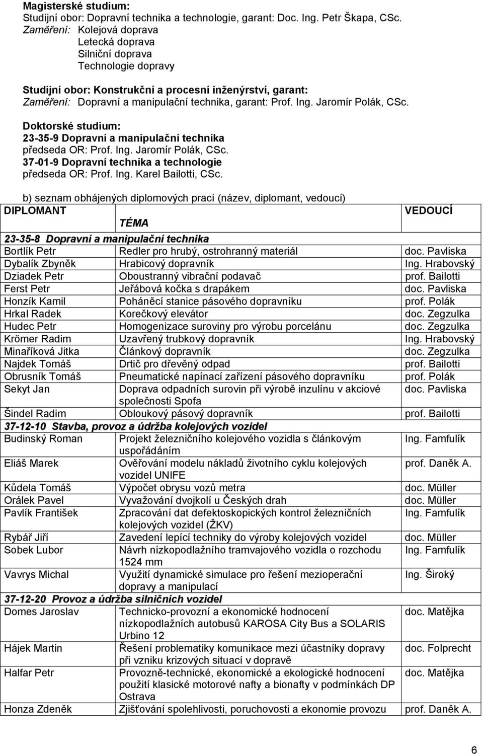 Jaromír Polák, CSc. Doktorské studium: 23-35-9 Dopravní a manipulační technika předseda OR: Prof. Ing. Jaromír Polák, CSc. 37-01-9 Dopravní technika a technologie předseda OR: Prof. Ing. Karel Bailotti, CSc.