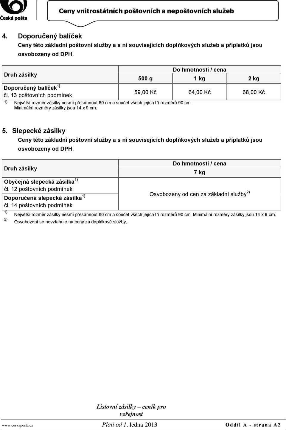 13 poštovních podmínek 1) Největší rozměr zásilky nesmí přesáhnout 60 cm a součet všech jejích tří rozměrů 90 cm. Minimální rozměry zásilky jsou 14 x 9 cm. 5.