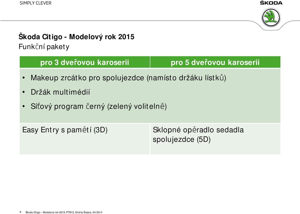 multimédií Síťový program černý (zelený volitelně) Easy Entry s pamětí (3D) Sklopné