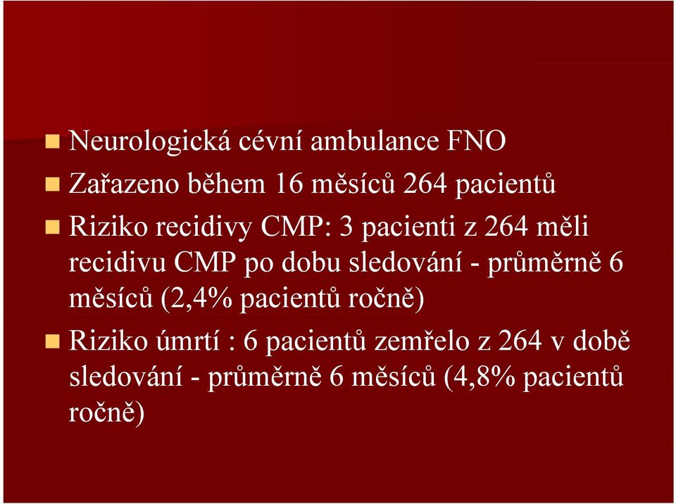 sledování - průměrně ů ě ě 6 měsíců (2,4% pacientů ročně) Riziko úmrtí :