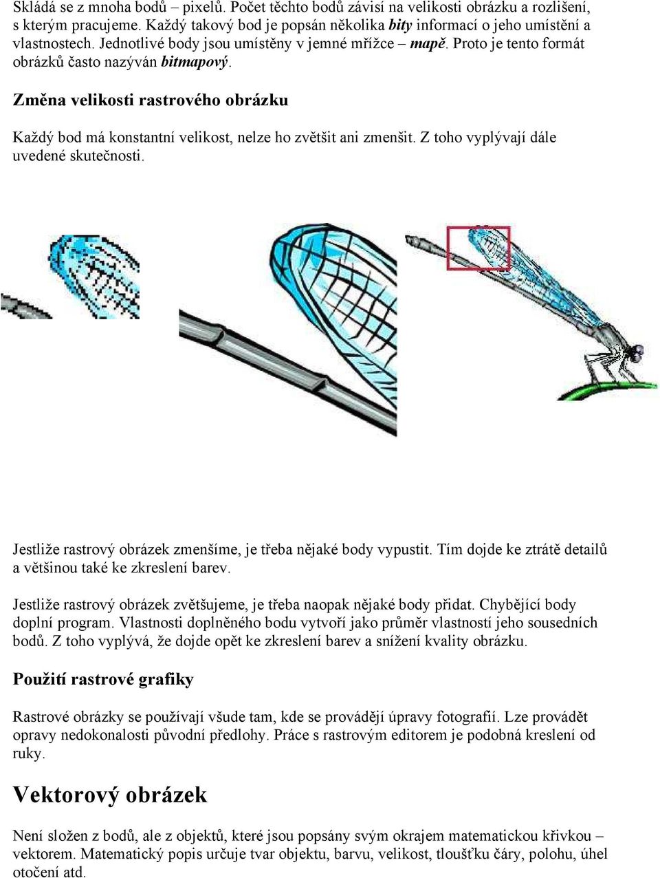 Změna velikosti rastrového obrázku Každý bod má konstantní velikost, nelze ho zvětšit ani zmenšit. Z toho vyplývají dále uvedené skutečnosti.
