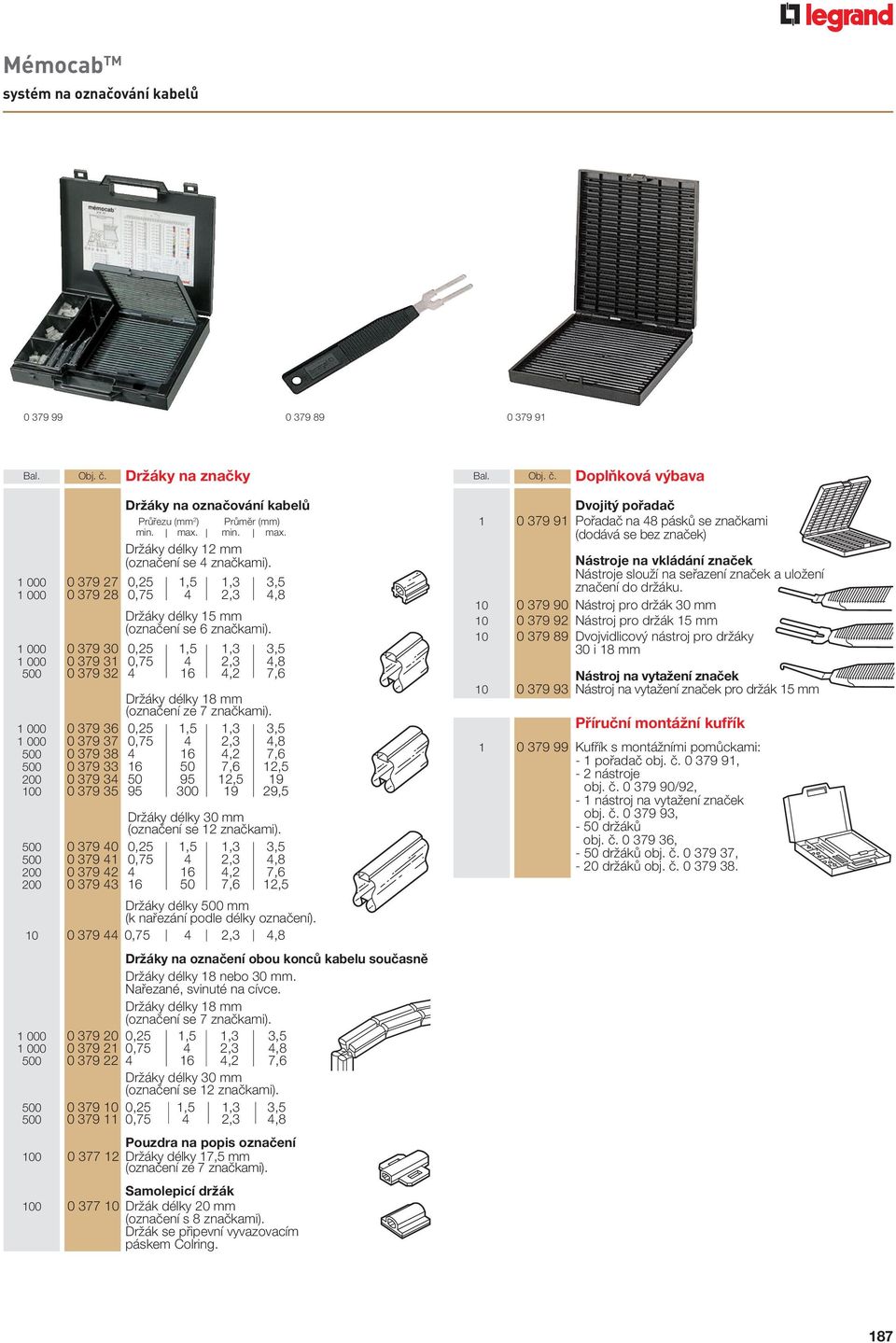 1 000 0 379 30 0,25 1,5 1,3 3,5 1 000 500 0 379 31 0,75 0 379 32 4 4 16 2,3 4,2 4,8 7,6 Držáky délky 18 mm (označení ze 7 značkami).