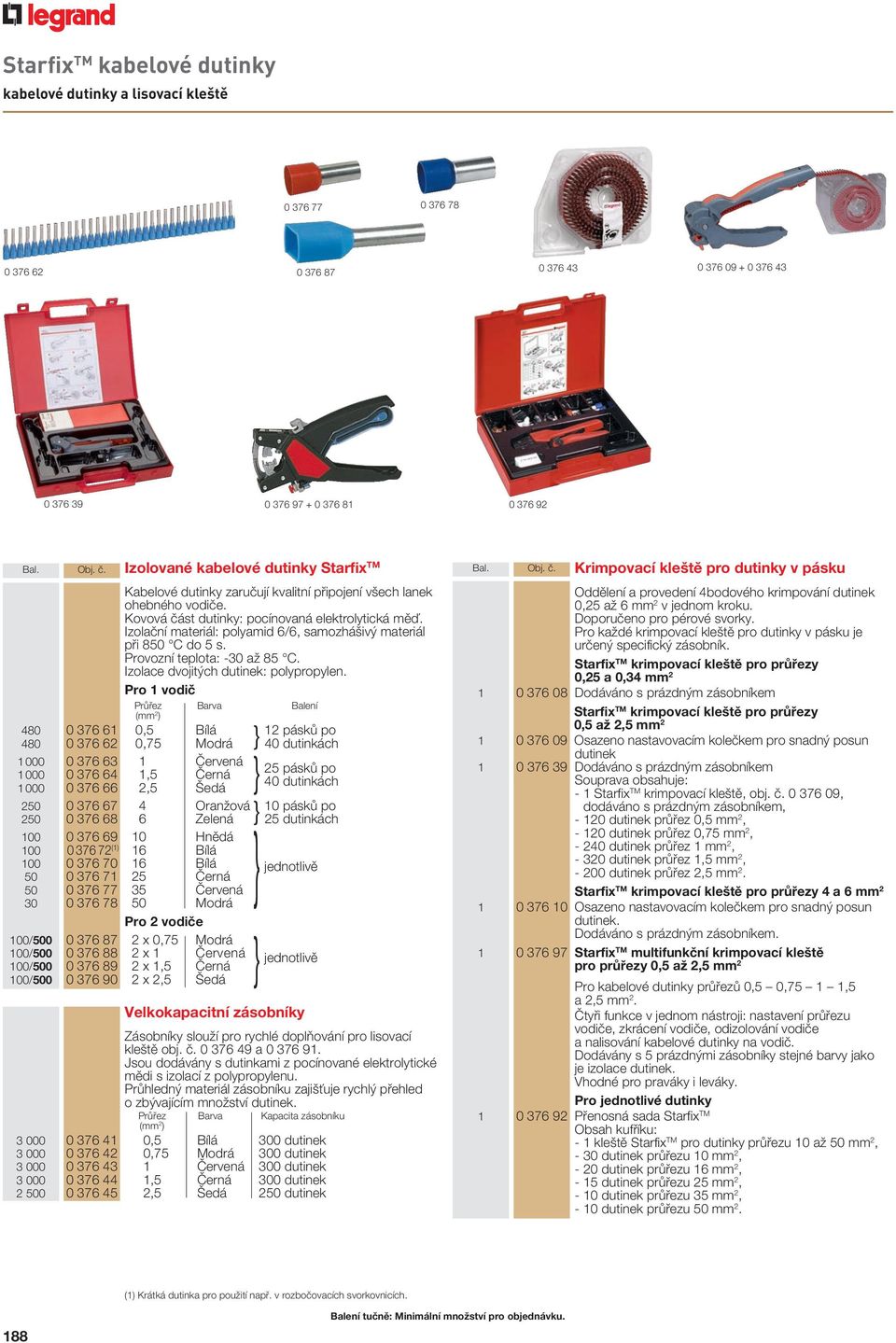 Izolační materiál: polyamid 6/6, samozhášivý materiál při 850 C do 5 s. Provozní teplota: -30 až 85 C. Izolace dvojitých dutinek: polypropylen.