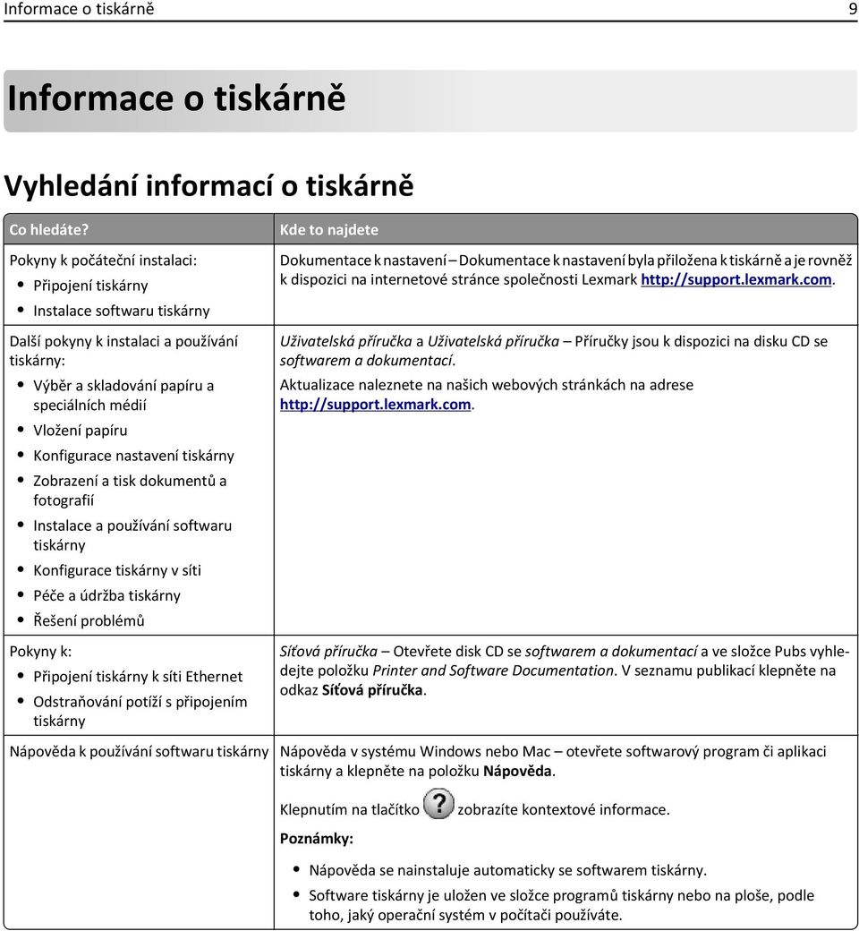 nastavení tiskárny Zobrazení a tisk dokumentů a fotografií Instalace a používání softwaru tiskárny Konfigurace tiskárny v síti Péče a údržba tiskárny Řešení problémů Pokyny k: Připojení tiskárny k