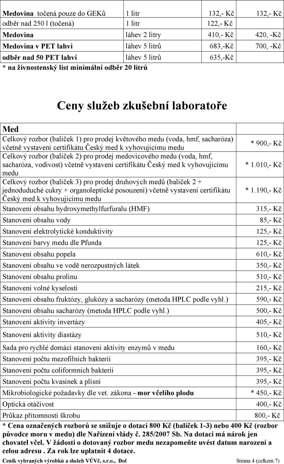 včetně vystavení certifikátu Český med k vyhovujícímu medu Celkový rozbor (balíček 2) pro prodej medovicového medu (voda, hmf, sacharóza, vodivost) včetně vystavení certifikátu Český med k