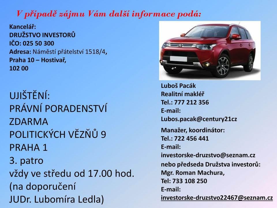 Lubomíra Ledla) Luboš Pacák Realitní makléř Tel.: 777 212 356 E-mail: Lubos.pacak@century21cz Manažer, koordinátor: Tel.