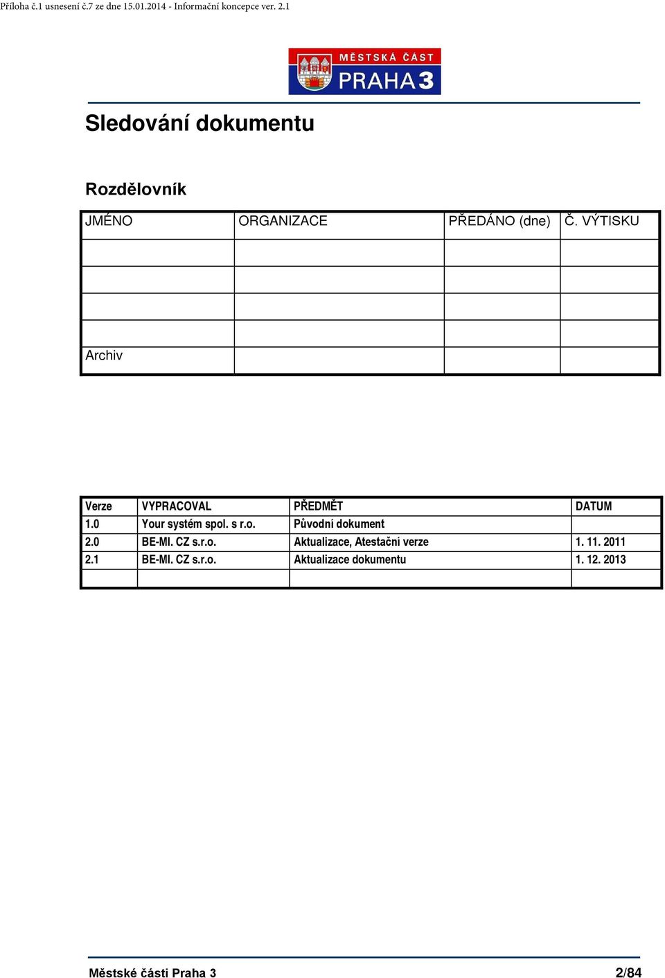 0 BE-MI. CZ s.r.o. Aktualizace, Atestační verze 1. 11. 2011 2.1 BE-MI. CZ s.r.o. Aktualizace dokumentu 1.