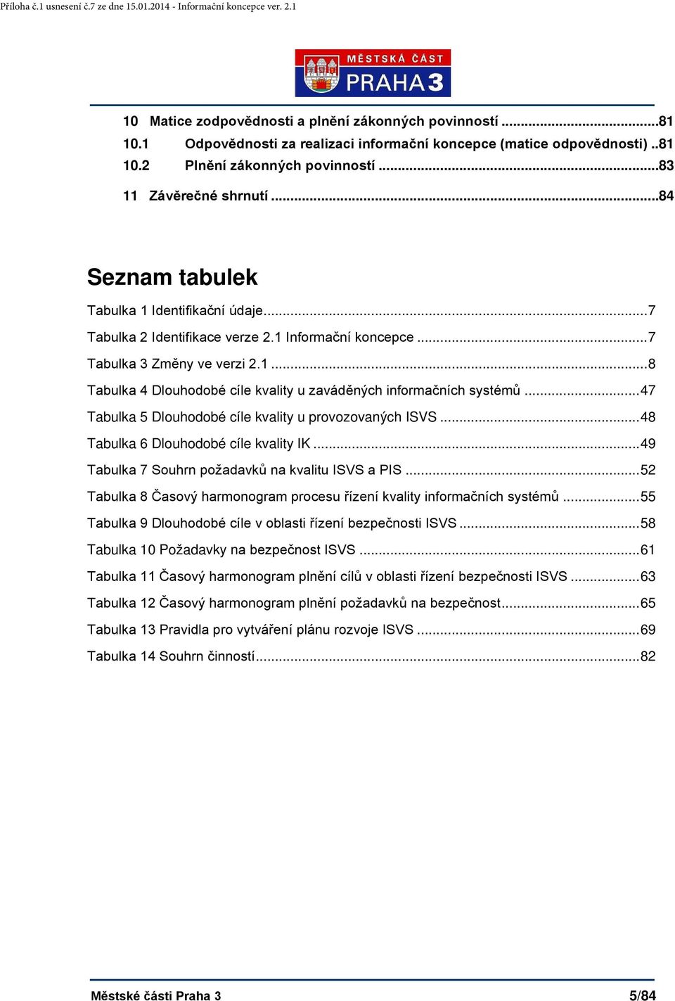 .. 47 Tabulka 5 Dlouhodobé cíle kvality u provozovaných ISVS... 48 Tabulka 6 Dlouhodobé cíle kvality IK... 49 Tabulka 7 Souhrn požadavků na kvalitu ISVS a PIS.