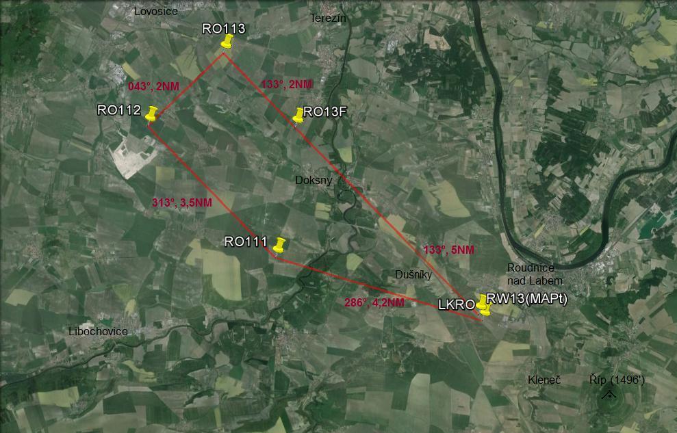 Obrázek č. 24: Návrh RNAV (GNSS) přiblížení na RWY 13L 5.1.2. Finální přiblížení Finální přiblížení je stanoveno z bodu FAF (RO13L) do MAPt (RW13L).