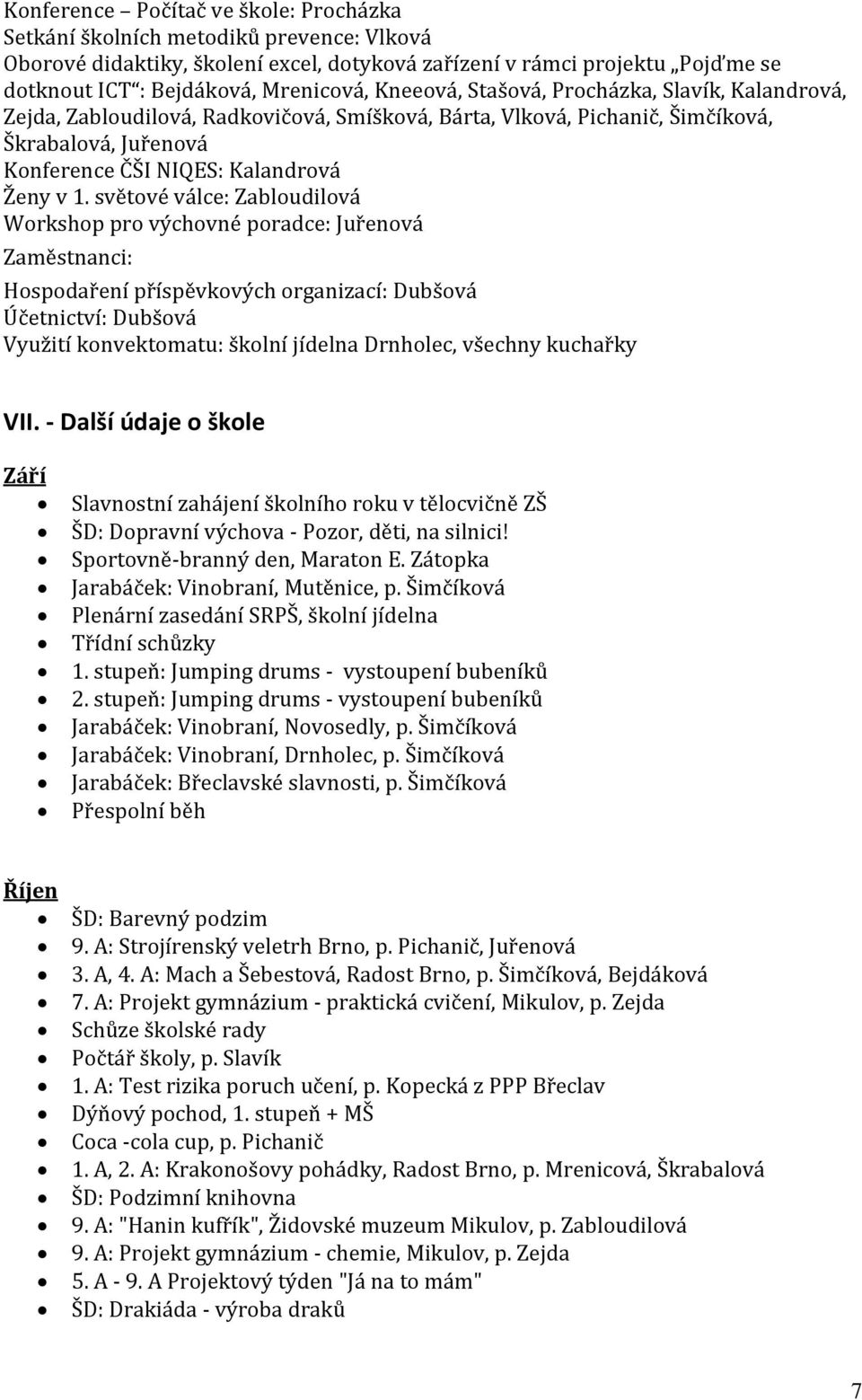 světové válce: Zabloudilová Workshop pro výchovné poradce: Juřenová Zaměstnanci: Hospodaření příspěvkových organizací: Dubšová Účetnictví: Dubšová Využití konvektomatu: školní jídelna Drnholec,