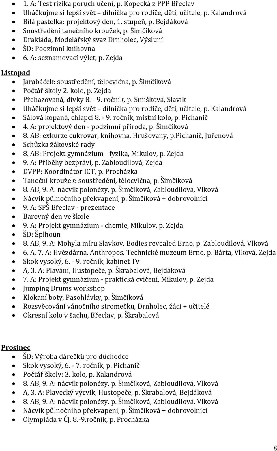 Zejda Listopad Jarabáček: soustředění, tělocvična, p. Šimčíková Počtář školy 2. kolo, p. Zejda Přehazovaná, dívky 8. - 9. ročník, p.