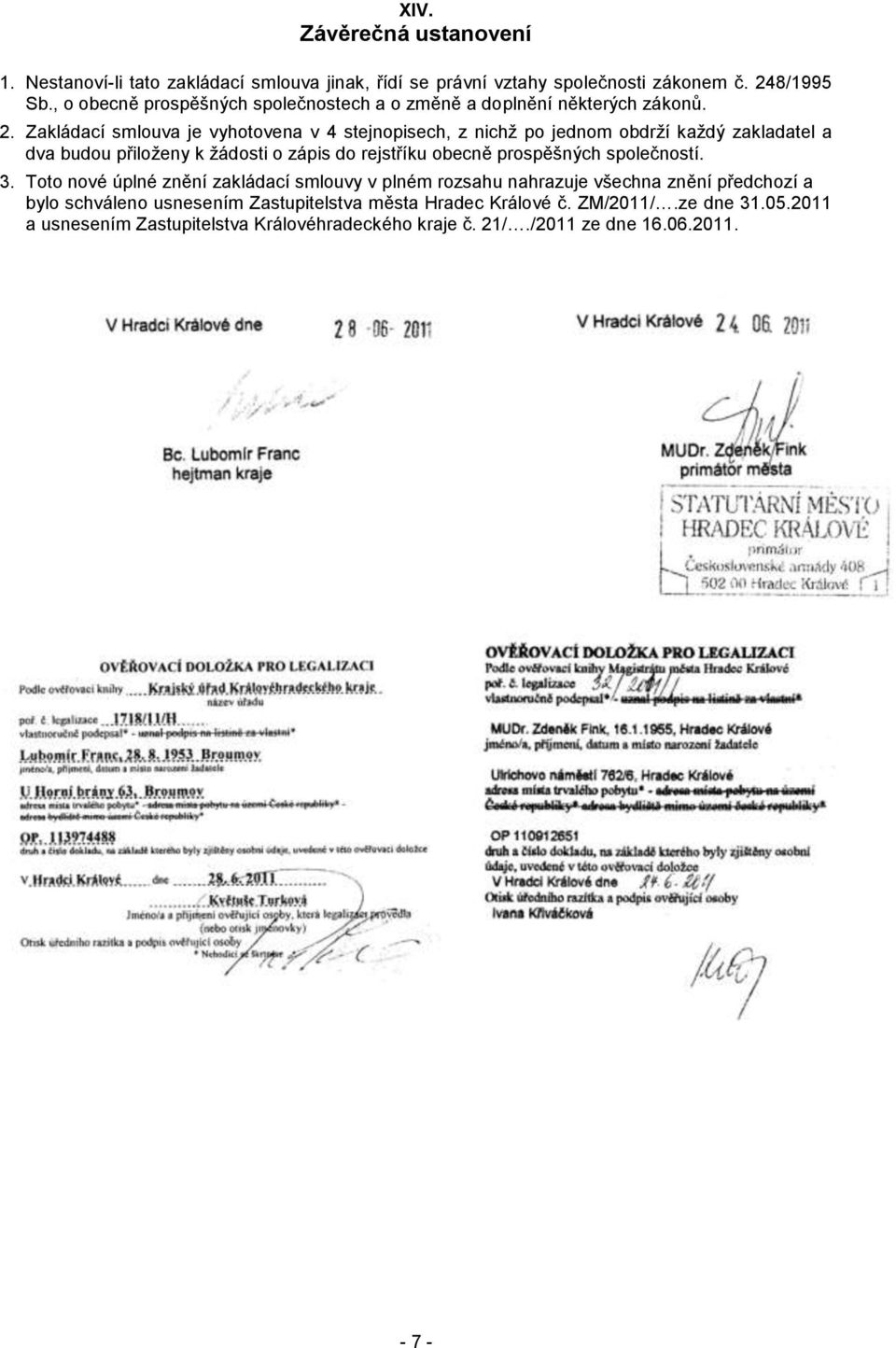 Zakládací smlouva je vyhotovena v 4 stejnopisech, z nichž po jednom obdrží každý zakladatel a dva budou přiloženy k žádosti o zápis do rejstříku obecně prospěšných