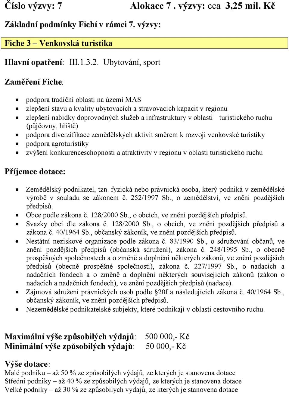 Ubytování, sport Zaměření Fiche: podpora tradiční oblasti na území MAS zlepšení stavu a kvality ubytovacích a stravovacích kapacit v regionu zlepšení nabídky doprovodných služeb a infrastruktury v