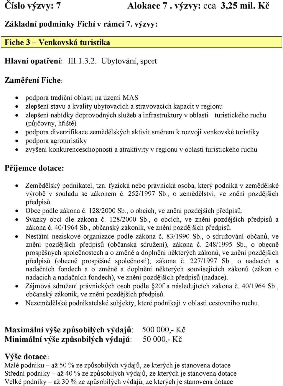 Ubytování, sport Zaměření Fiche: podpora tradiční oblasti na území MAS zlepšení stavu a kvality ubytovacích a stravovacích kapacit v regionu zlepšení nabídky doprovodných služeb a infrastruktury v