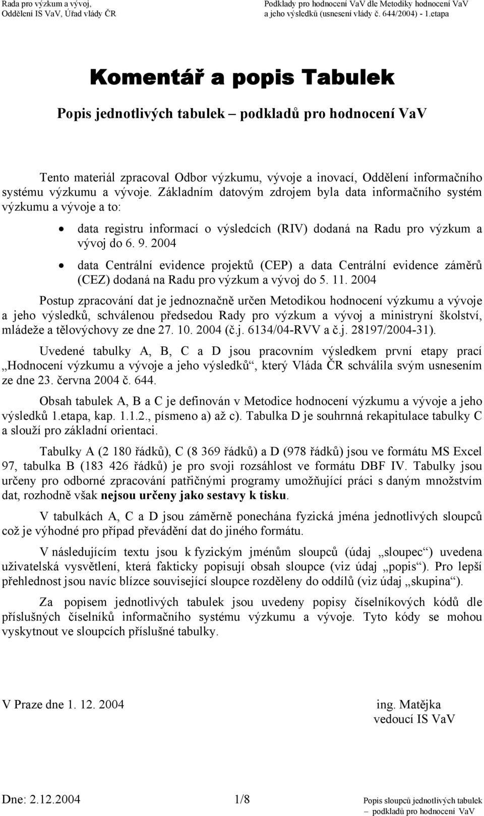 2004 data Centrální evidence projektů (CEP) a data Centrální evidence záměrů (CEZ) dodaná na Radu pro výzkum a vývoj do 5. 11.