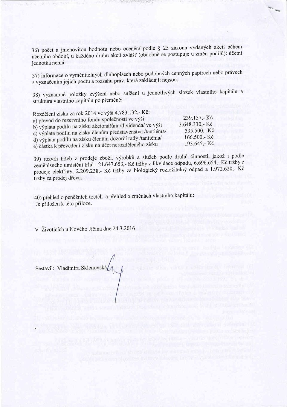 38) vyznamnd polozky zvyleni nebo snizeni u jednotlivych slozek vlastniho kapitalu a struktura vlastniho kapit6lu po piemdnd: ysi Rozddleni zisks za rck 201 4 ve vysi 4'7 83'132,- K(': dal ve vlisi