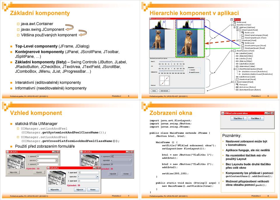 (JButton, JLabel, JRadioButton, JCheckBox, JTextArea, JTextField, JScrollBar, JComboBox, JMenu, JList, JProgressBar ) Interaktivní (editovatelné) komponenty Informativní (needitovatelné) komponenty