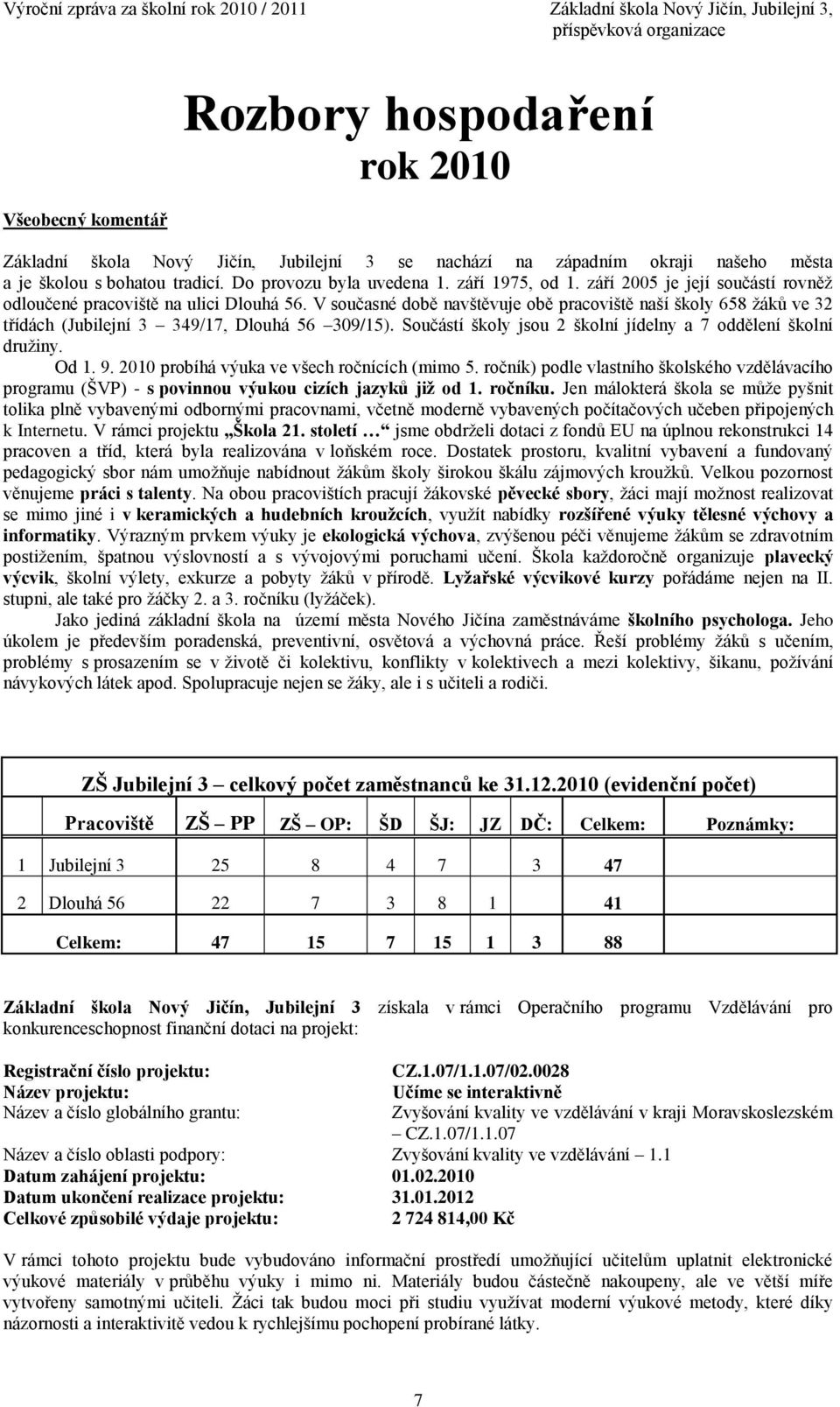 V současné době navštěvuje obě pracoviště naší školy 658 žáků ve 32 třídách (Jubilejní 3 349/17, Dlouhá 56 309/15). Součástí školy jsou 2 školní jídelny a 7 oddělení školní družiny. Od 1. 9.