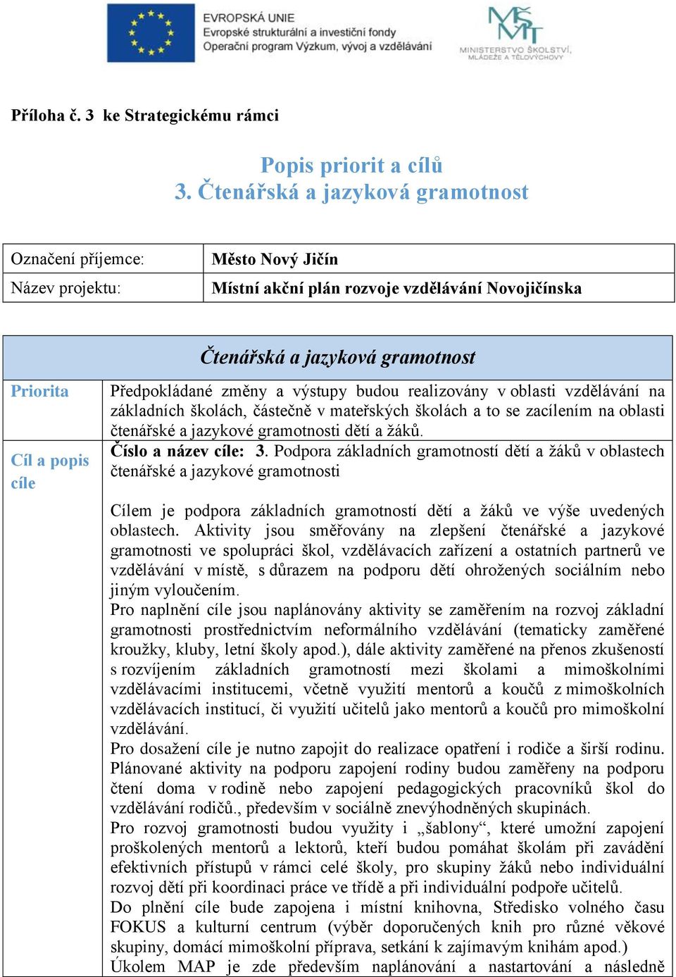 Předpokládané změny a výstupy budou realizovány v oblasti vzdělávání na základních školách, částečně v mateřských školách a to se zacílením na oblasti čtenářské a jazykové gramotnosti dětí a žáků.