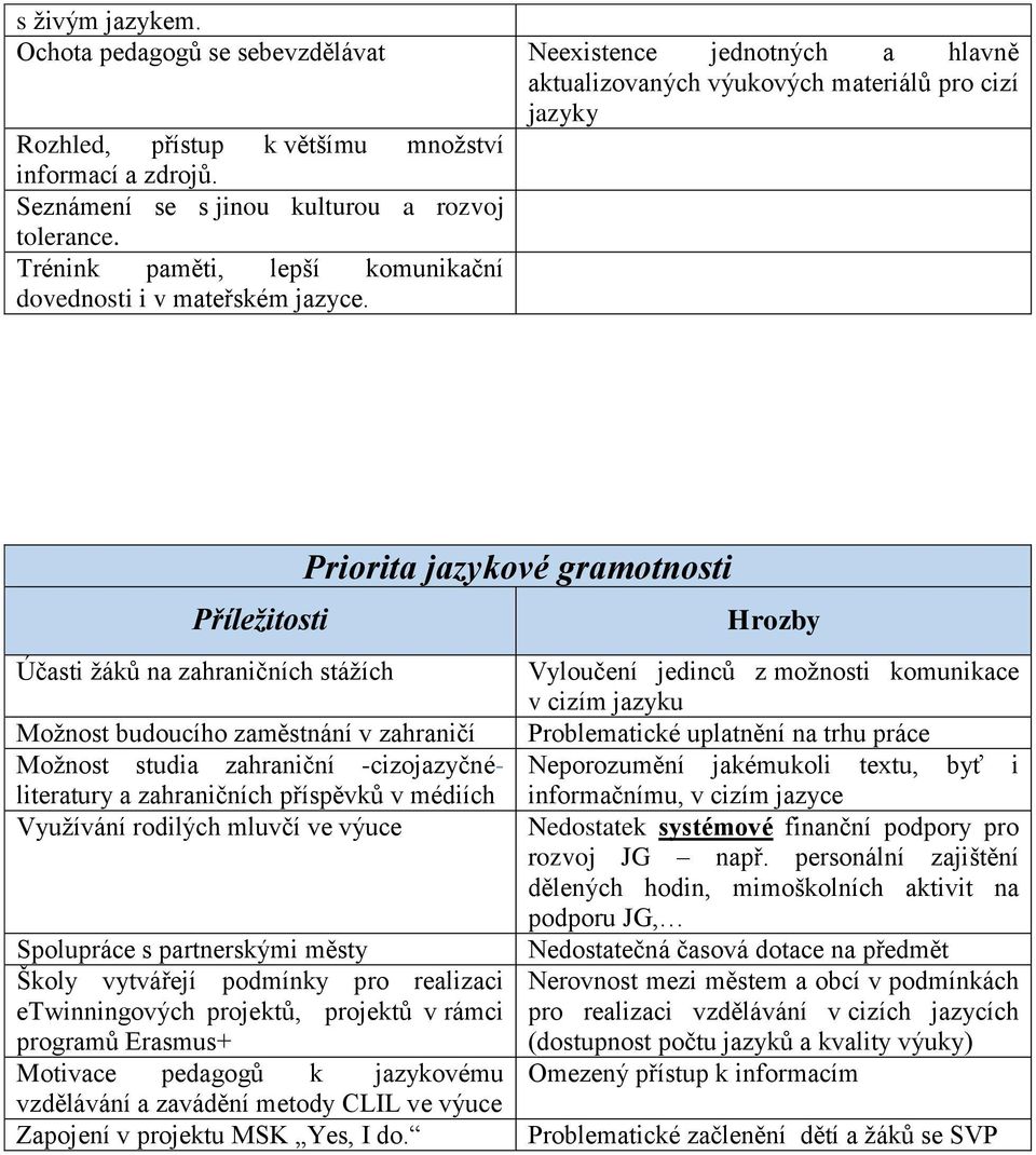 Příležitosti Účasti žáků na zahraničních stážích Možnost budoucího zaměstnání v zahraničí Možnost studia zahraniční -cizojazyčnéliteratury a zahraničních příspěvků v médiích Využívání rodilých mluvčí