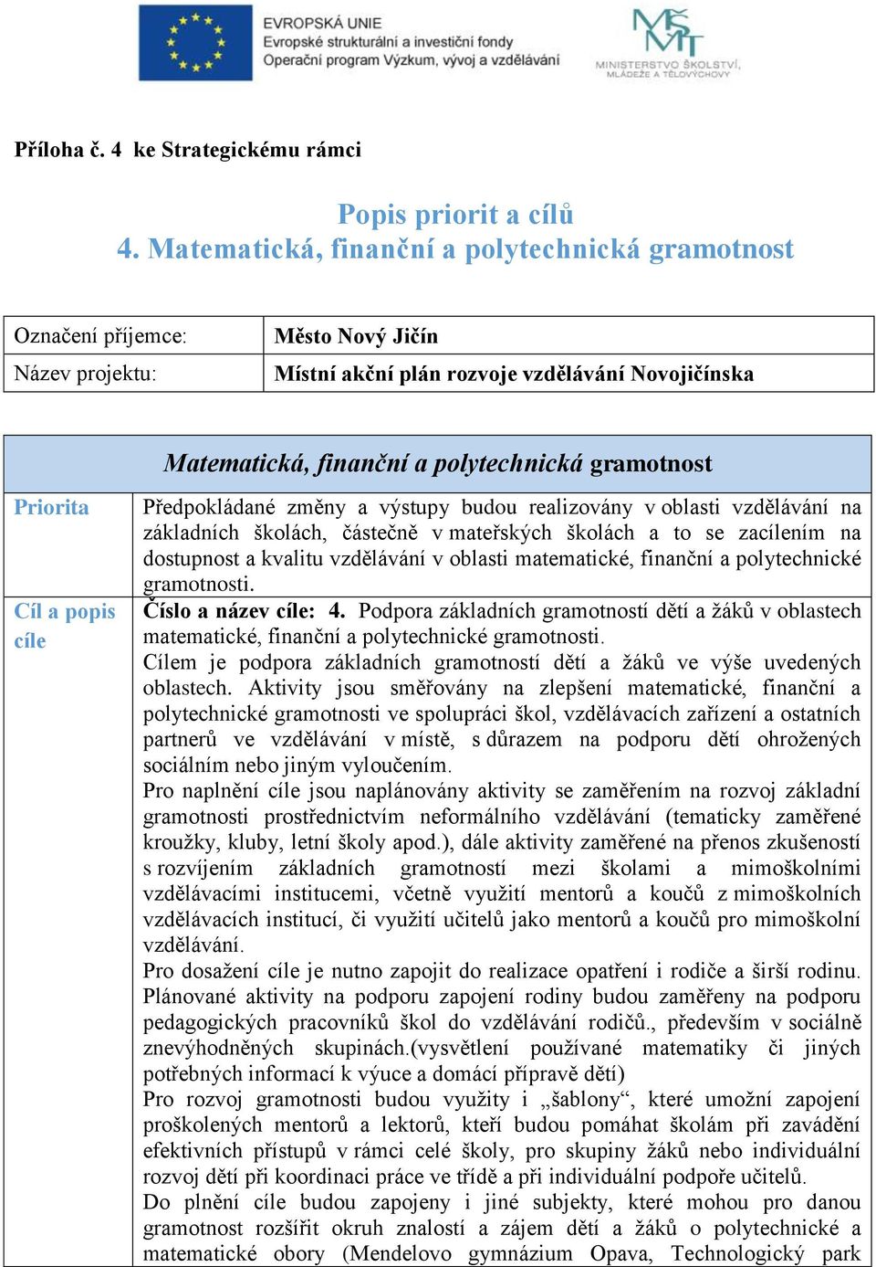 Priorita Cíl a popis cíle Předpokládané změny a výstupy budou realizovány v oblasti vzdělávání na základních školách, částečně v mateřských školách a to se zacílením na dostupnost a kvalitu