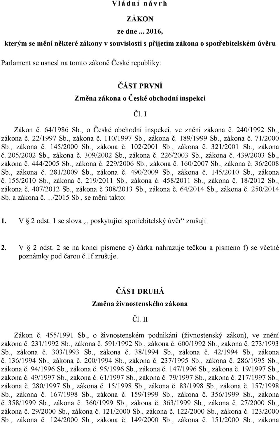 I Zákon č. 64/1986 Sb., o České obchodní inspekci, ve znění zákona č. 240/1992 Sb., zákona č. 22/1997 Sb., zákona č. 110/1997 Sb., zákona č. 189/1999 Sb., zákona č. 71/2000 Sb., zákona č. 145/2000 Sb.