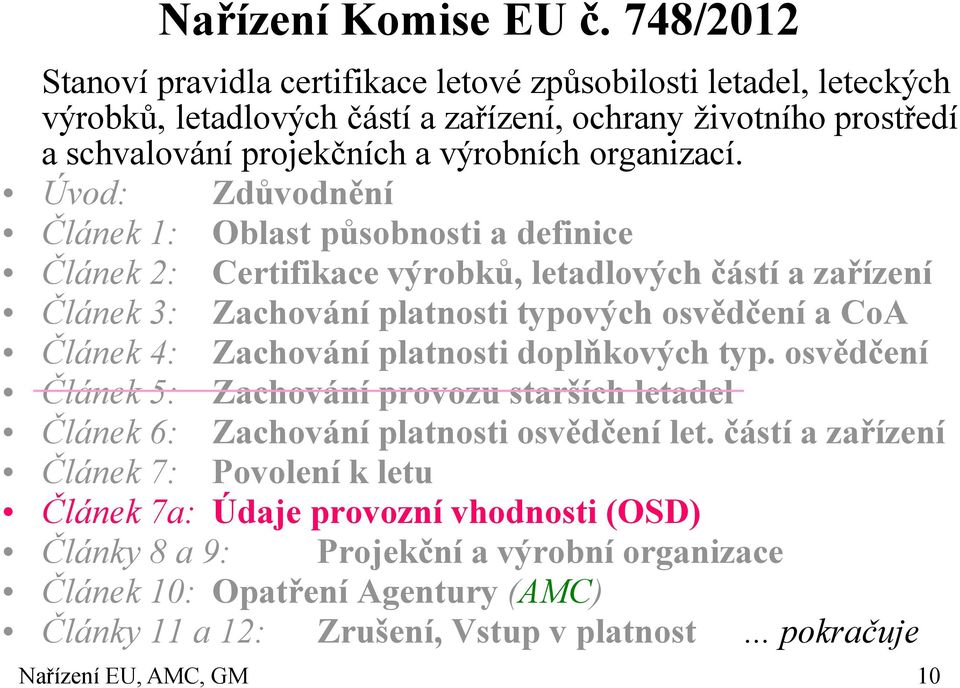 Úvod: Zdůvodnění Článek 1: Oblast působnosti a definice Článek 2: Certifikace výrobků, letadlových částí a zařízení Článek 3: Zachování platnosti typových osvědčení a CoA Článek 4: Zachování