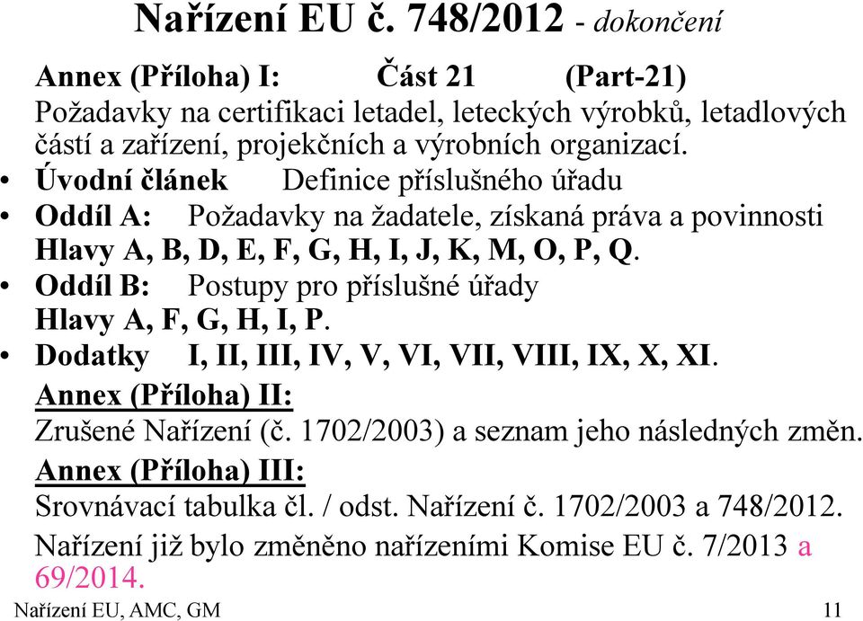 Úvodní článek Definice příslušného úřadu Oddíl A: Požadavky na žadatele, získaná práva a povinnosti Hlavy A, B, D, E, F, G, H, I, J, K, M, O, P, Q.