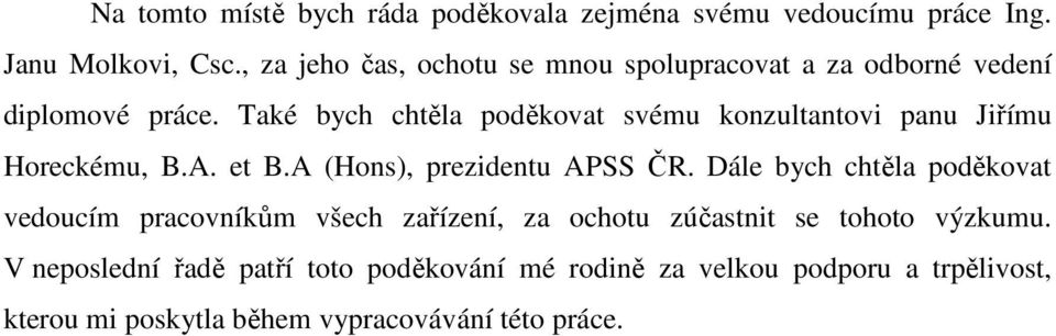 Také bych chtěla poděkovat svému konzultantovi panu Jiřímu Horeckému, B.A. et B.A (Hons), prezidentu APSS ČR.