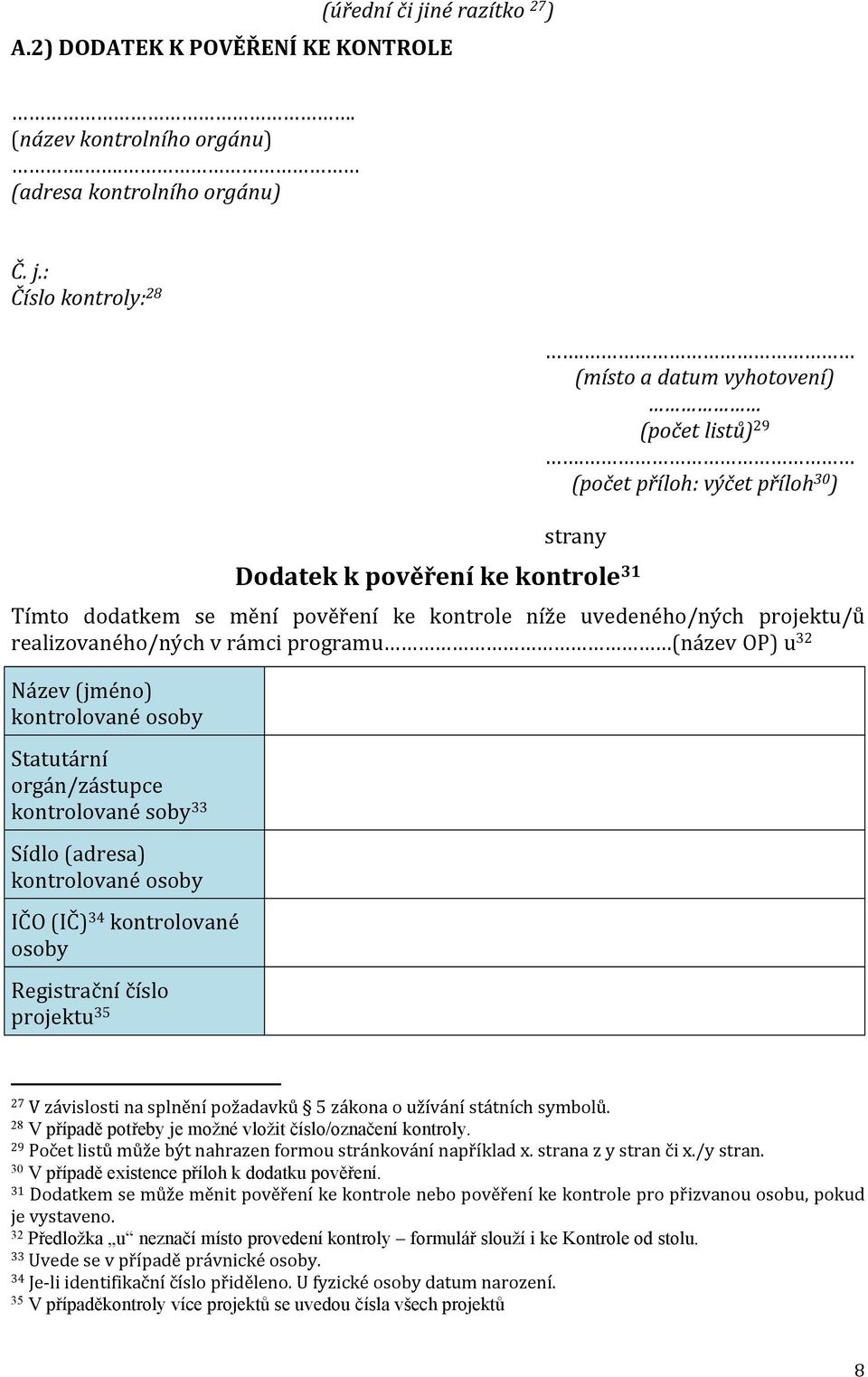 : Číslo kontroly: 28 (místo a datum vyhotovení) (počet listů) 29 (počet příloh: výčet příloh 30 ) strany Dodatek k pověření ke kontrole 31 Tímto dodatkem se mění pověření ke kontrole níže