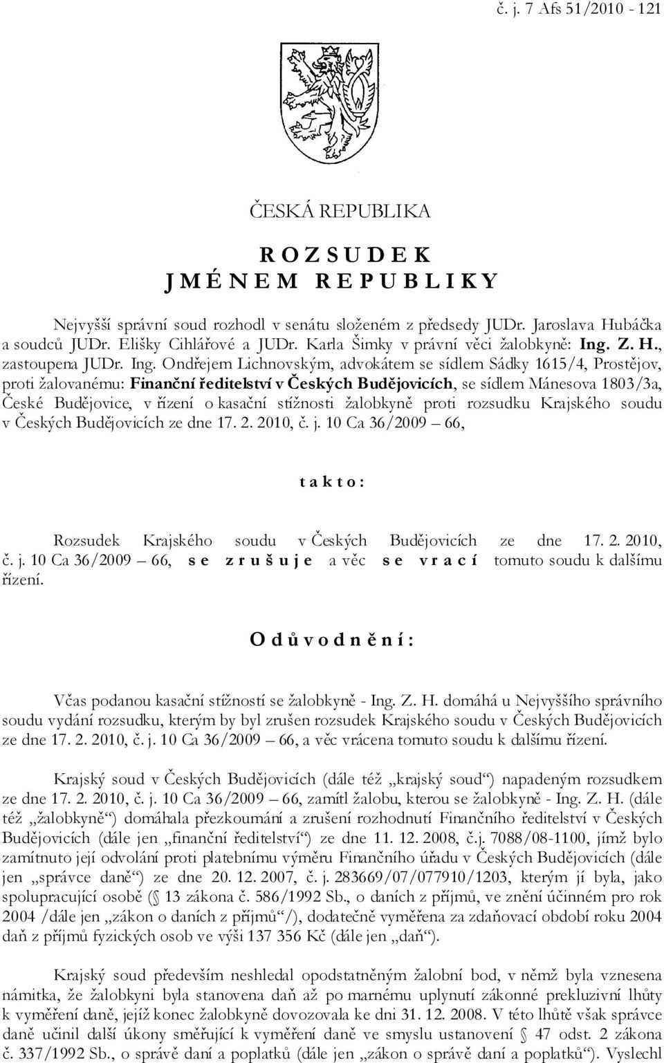 Z. H., zastoupena JUDr. Ing.