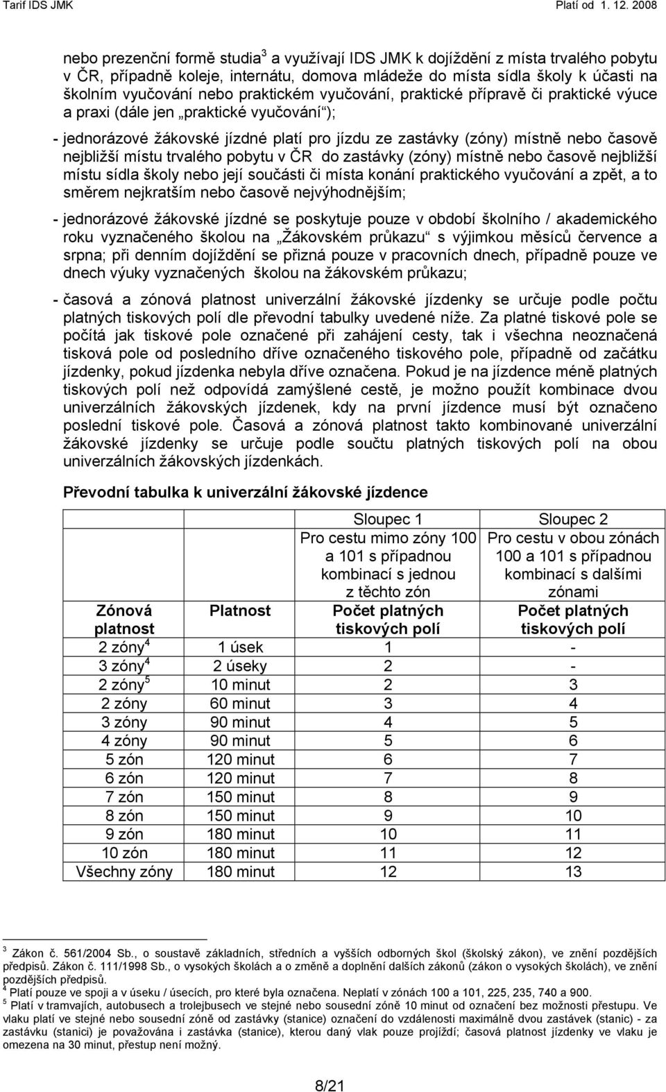 místu trvalého pobytu v ČR do zastávky (zóny) místně nebo časově nejbližší místu sídla školy nebo její součásti či místa konání praktického vyučování a zpět, a to směrem nejkratším nebo časově