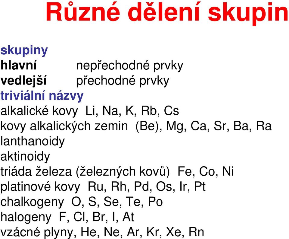 lanthanoidy aktinoidy triáda železa (železných kovů) Fe, Co, Ni platinové kovy Ru, Rh, Pd,