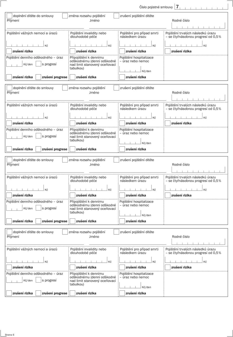 oceňovací tabulkou) Pojištění hospitalizace úraz nebo nemoc zrušení zrušení progrese zrušení zrušení doplnění dítěte do smlouvy změna rozsahu pojištění zrušení pojištění dítěte Příjmení Jméno Rodné