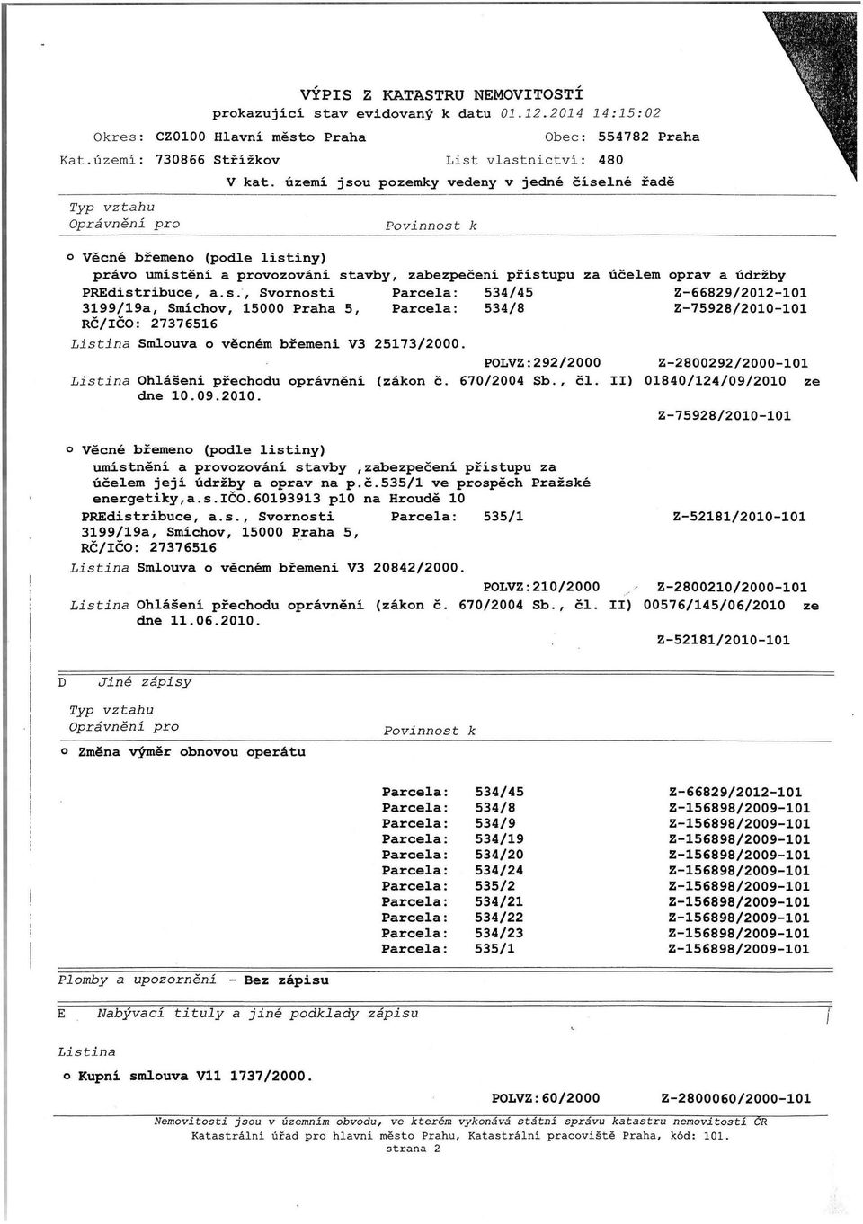 PREdistribuce, a.s., Svornosti Parcela: 534/45 Z-66829/2012-101 3199/19a, Smíchov, 15000 Praha 5, Parcela: 534/8 Z-75928/20l0-l01 RČ/IČO: 27376516 Listina Smlouva o věcném břemeni V3 25173/2000.