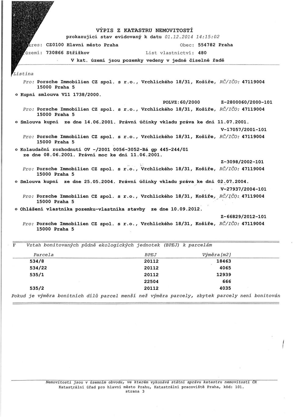 POLVZ:60/2000 Z-2800060/2000-101 Pro: Porsche Immobilien CZ spol. s r.o., Vrchlického 18/31, Košíře, RČ/IČO: 47119004 15000 Praha 5 o Smlouva kupní ze dne 14.06.. 2001.