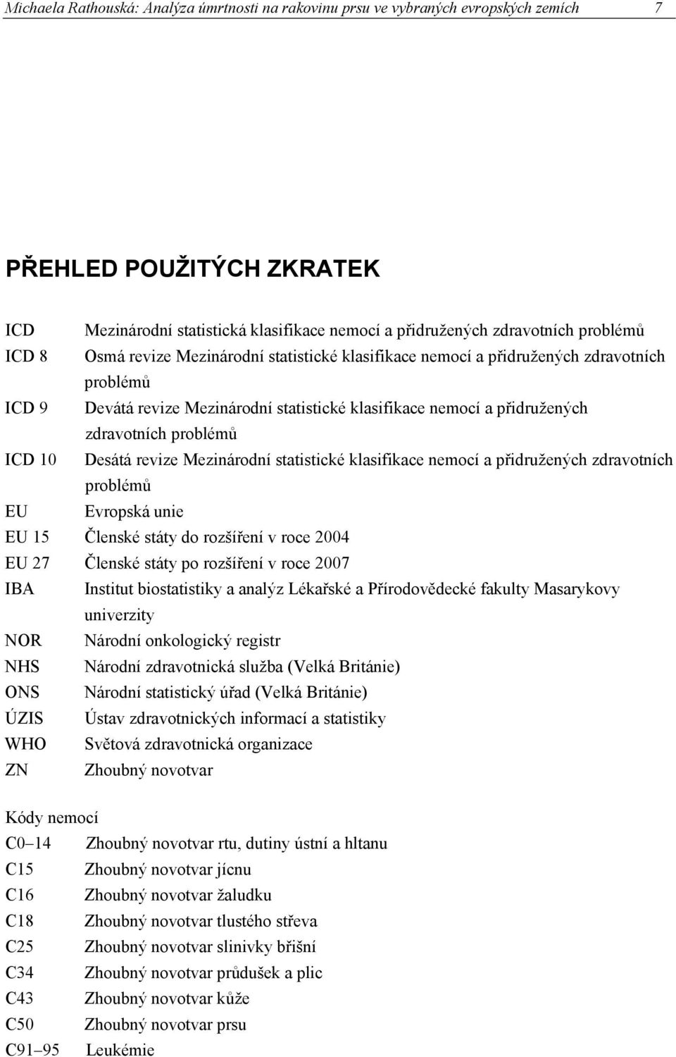 10 Desátá revize Mezinárodní statistické klasifikace nemocí a přidružených zdravotních problémů EU Evropská unie EU 15 Členské státy do rozšíření v roce 2004 EU 27 Členské státy po rozšíření v roce