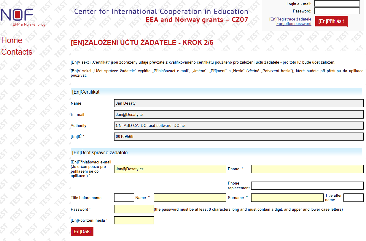 Registrace institucionálních žadatelů Informace z certifikátu jsou