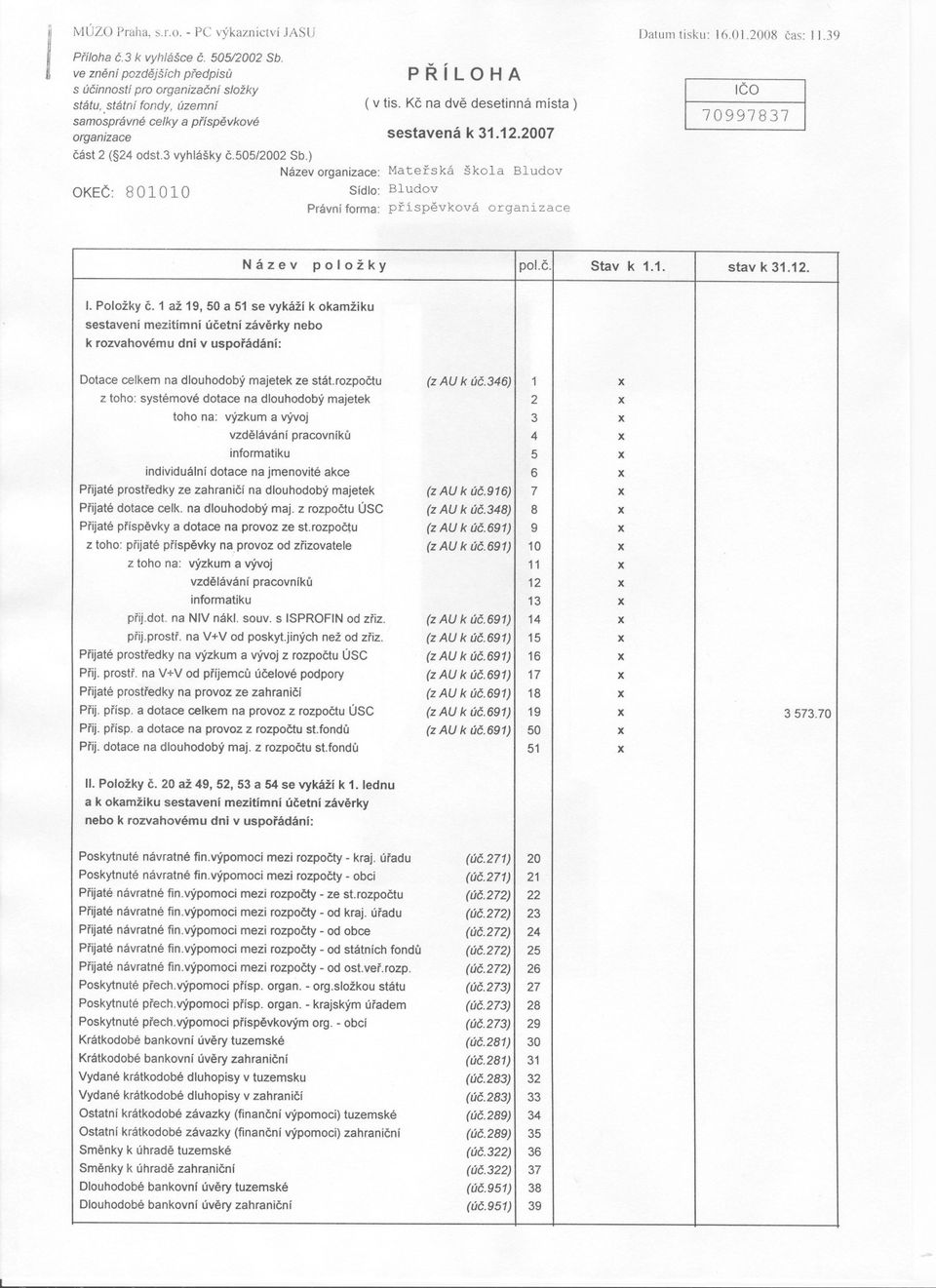 ) OKEC: 801010 Název organizace: Sídlo: Právní forma: PRílOHA ( v tis. Kc na dve desetinná mista ) sestavená k 31.12.2007 Materská škola Bludov Bludov príspevková organizace Datum tisku: 16.01.2008 cas: I].