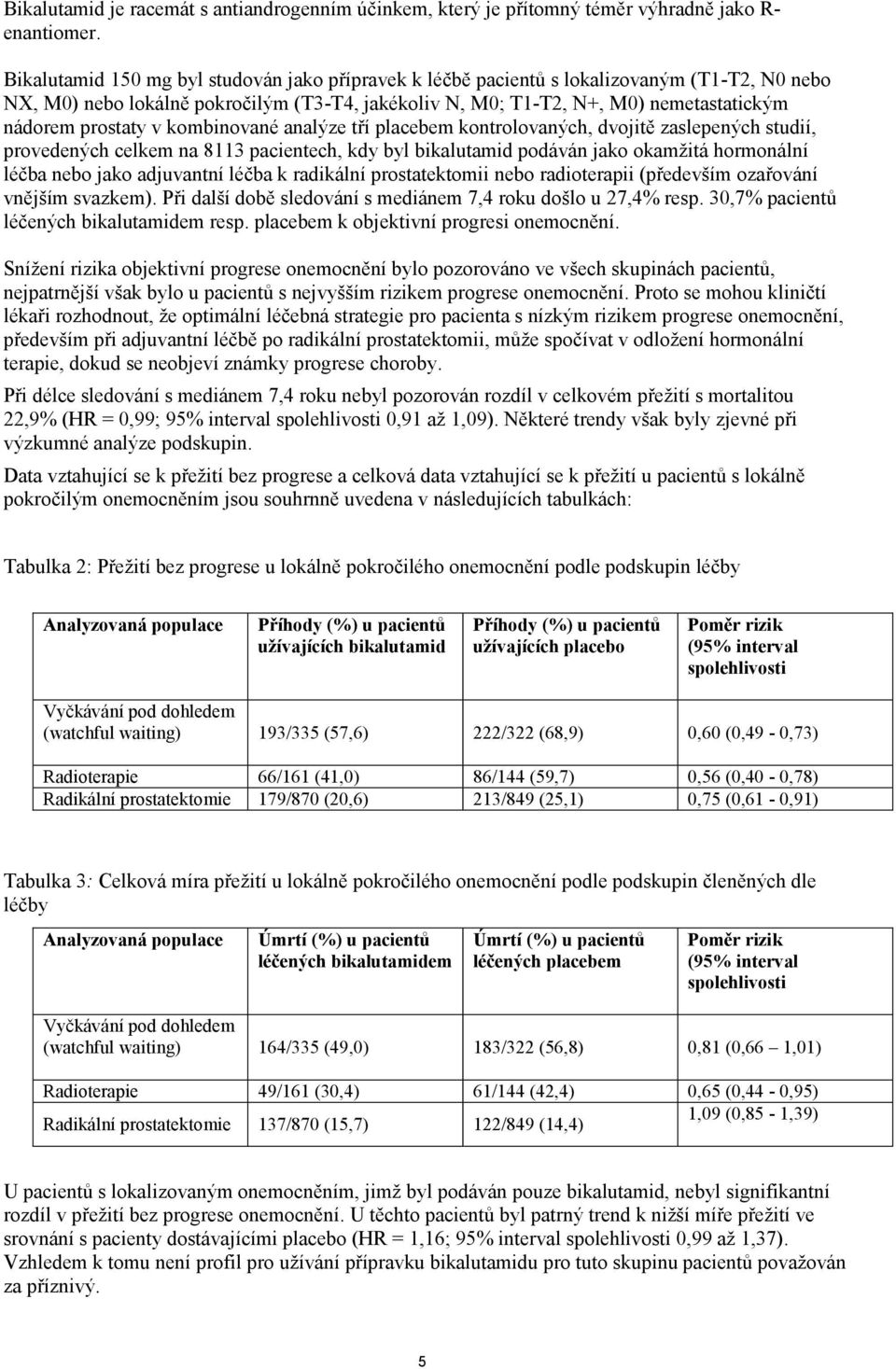 prostaty v kombinované analýze tří placebem kontrolovaných, dvojitě zaslepených studií, provedených celkem na 8113 pacientech, kdy byl bikalutamid podáván jako okamžitá hormonální léčba nebo jako