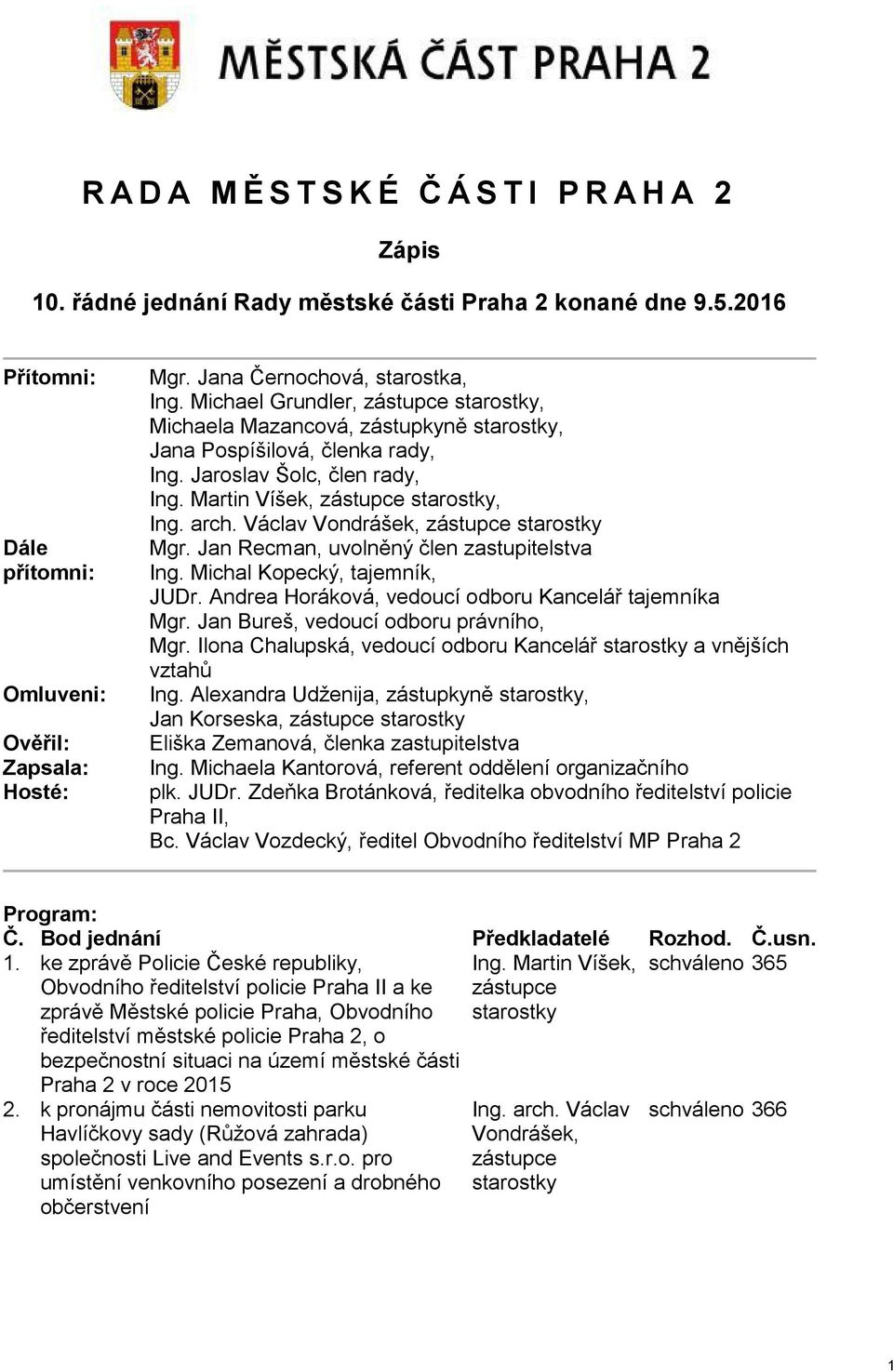 Martin Víšek, zástupce starostky, Ing. arch. Václav Vondrášek, zástupce starostky Mgr. Jan Recman, uvolněný člen zastupitelstva Ing. Michal Kopecký, tajemník, JUDr.