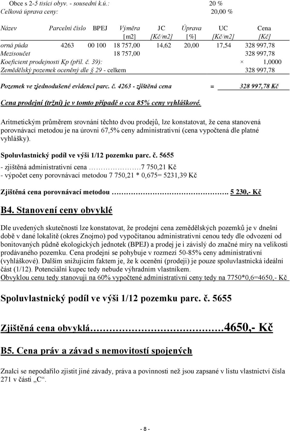 328 997,78 Koeficient prodejnosti Kp (příl. č. 39): 1,0000 Zemědělský pozemek oceněný dle 29 - celkem 328 997,78 Pozemek ve zjednodušené evidenci parc. č. 4263 - zjištěná cena = 328 997,78 Kč Cena prodejní (tržní) je v tomto případě o cca 85% ceny vyhláškové.