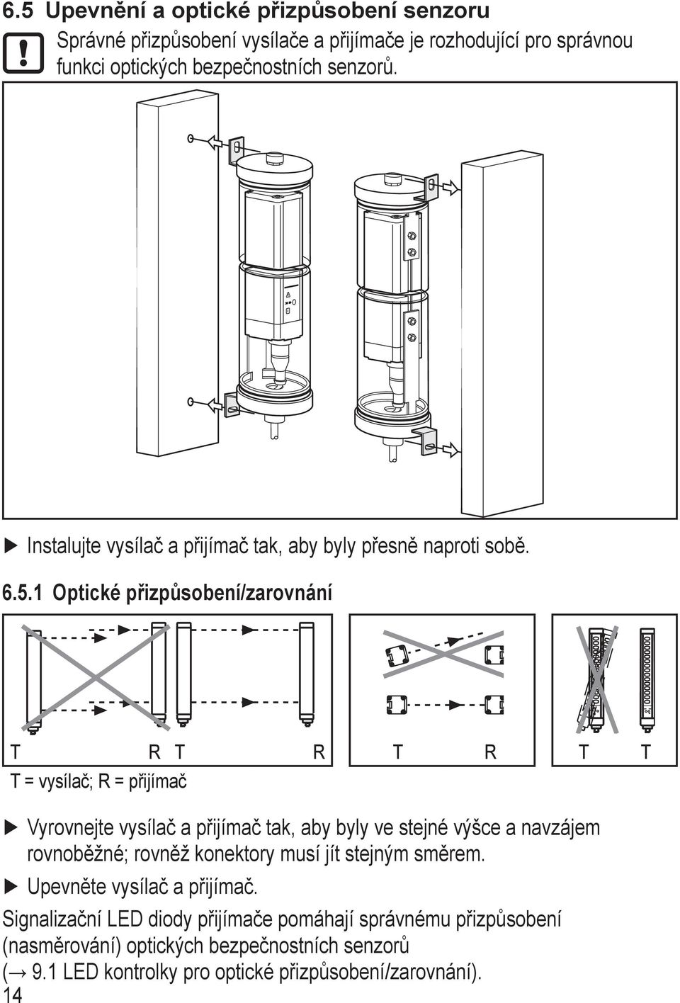 1 Optické přizpůsobení/zarovnání T R T R T R T T T = vysílač; R = přijímač Vyrovnejte vysílač a přijímač tak, aby byly ve stejné výšce a navzájem