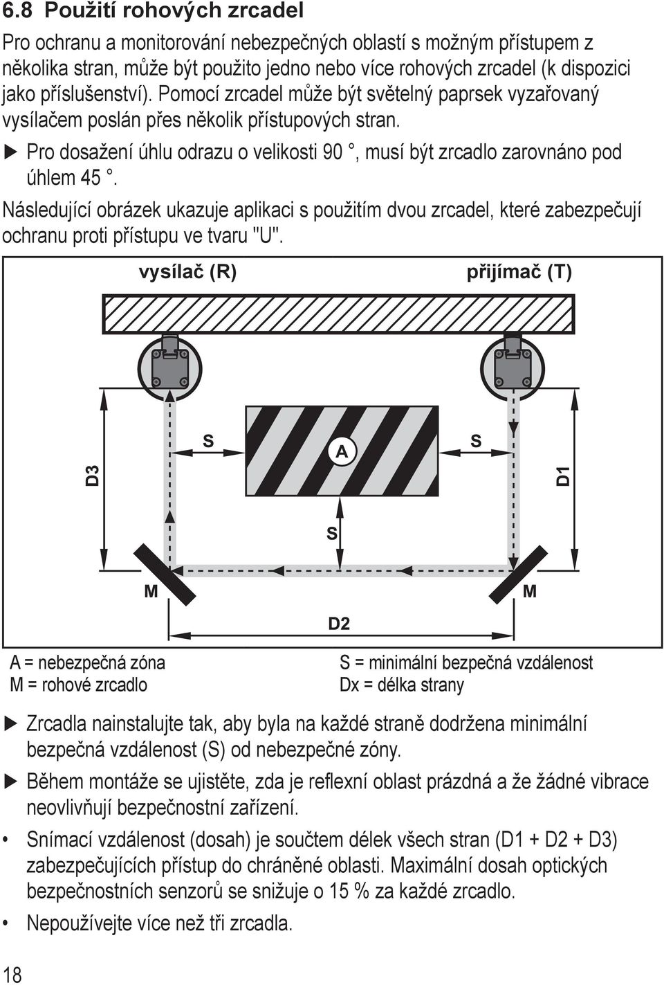 Následující obrázek ukazuje aplikaci s použitím dvou zrcadel, které zabezpečují ochranu proti přístupu ve tvaru "U".