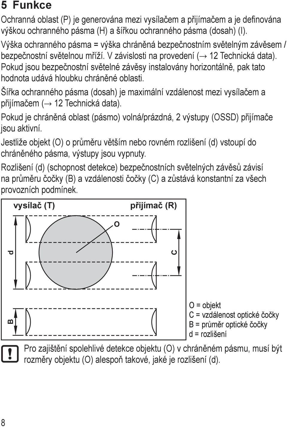 Pokud jsou bezpečnostní světelné závěsy instalovány horizontálně, pak tato hodnota udává hloubku chráněné oblasti.