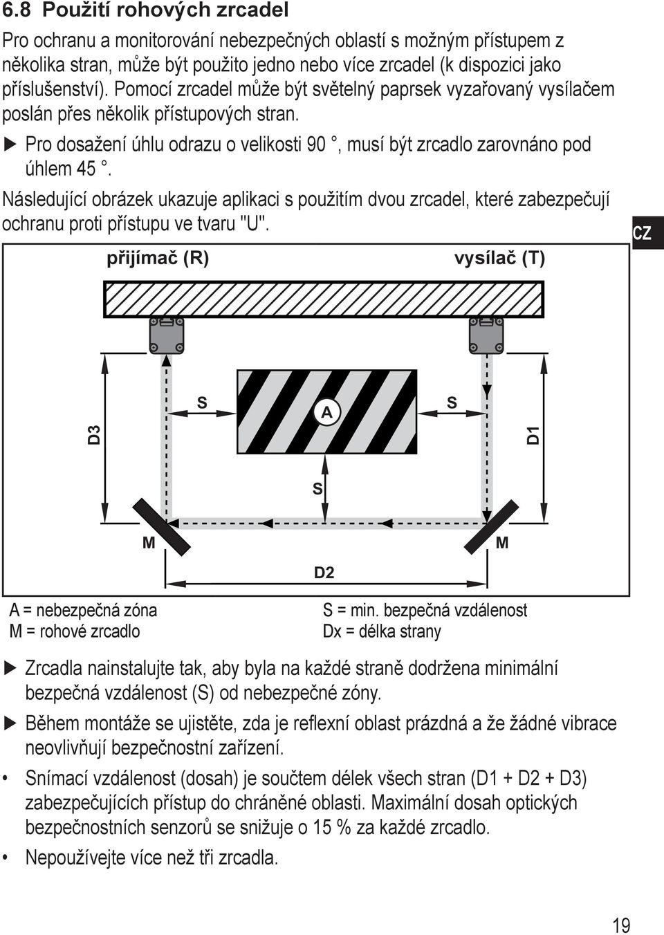 Následující obrázek ukazuje aplikaci s použitím dvou zrcadel, které zabezpečují ochranu proti přístupu ve tvaru "U".