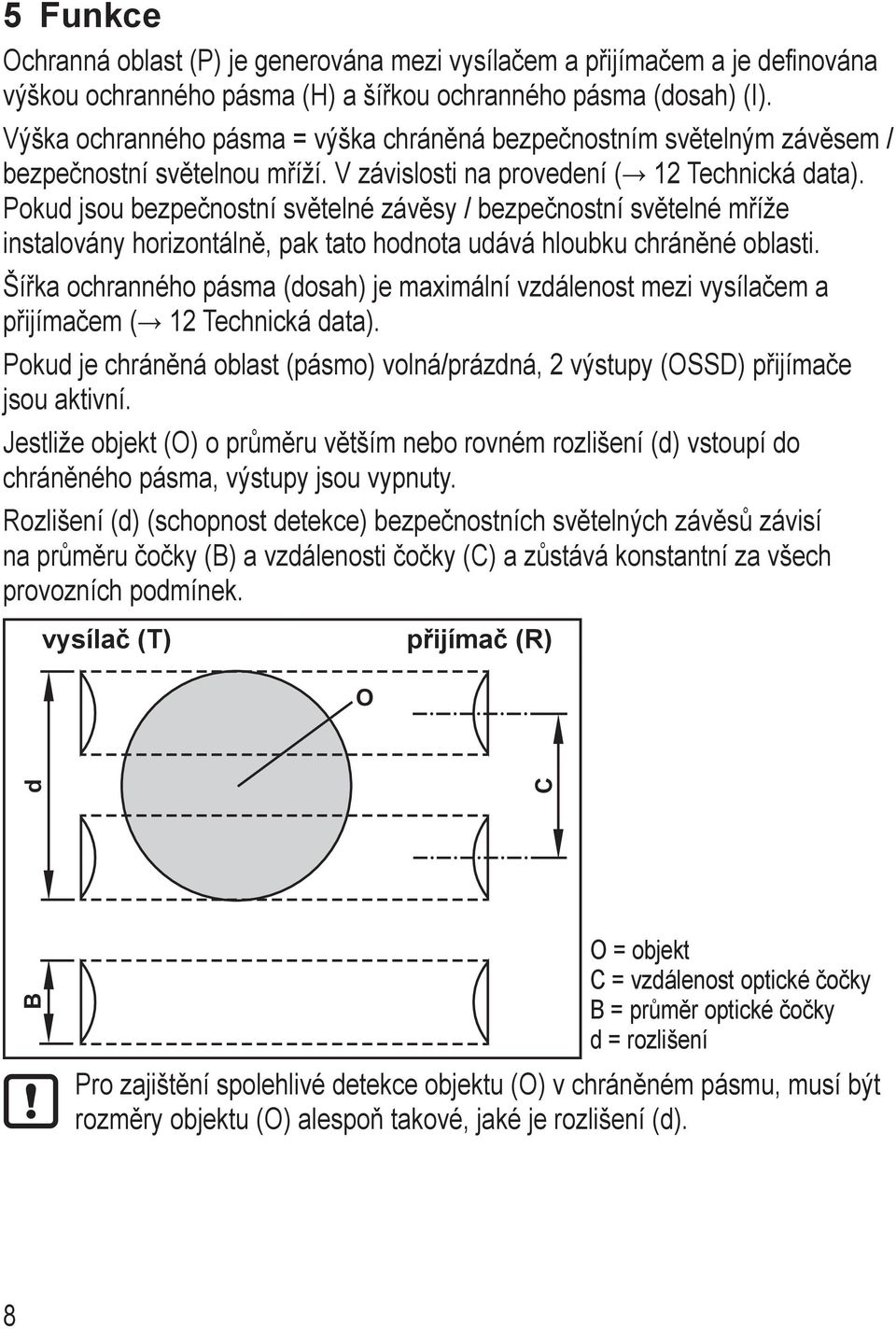 Pokud jsou bezpečnostní světelné závěsy / bezpečnostní světelné mříže instalovány horizontálně, pak tato hodnota udává hloubku chráněné oblasti.