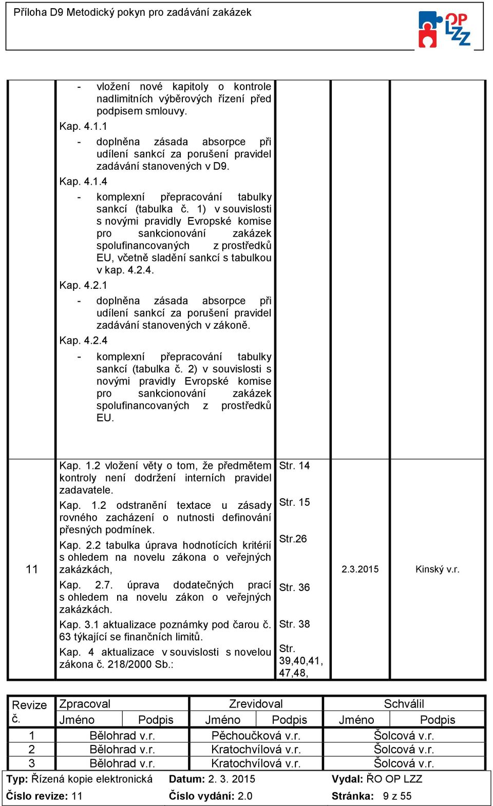 4. Kap. 4.2.1 - doplněna zásada absorpce při udílení sankcí za porušení pravidel zadávání stanovených v zákoně. Kap. 4.2.4 - komplexní přepracování tabulky sankcí (tabulka č.