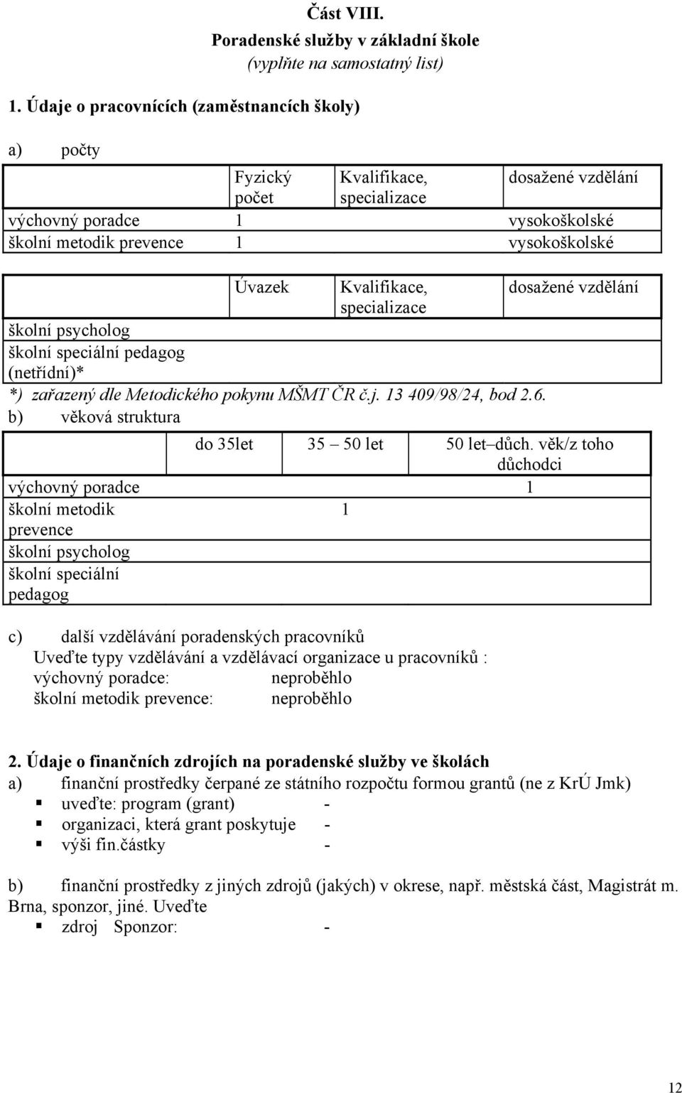 dosažené vzdělání specializace školní psycholog školní speciální pedagog (netřídní)* *) zařazený dle Metodického pokynu MŠMT ČR č.j. 3 409/98/24, bod 2.6.